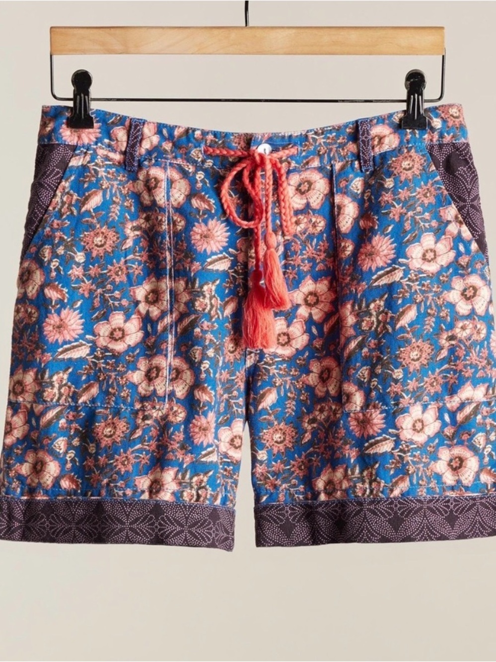 Sundance Kalini Blue Pink Floral Linen Cotton Floral Shorts Large NWOT